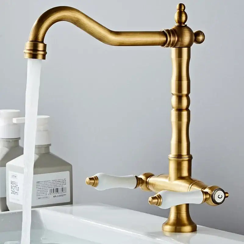 DecorBites™ Antique Brass Kitchen Faucet with Dual Handles and 360° Rotation