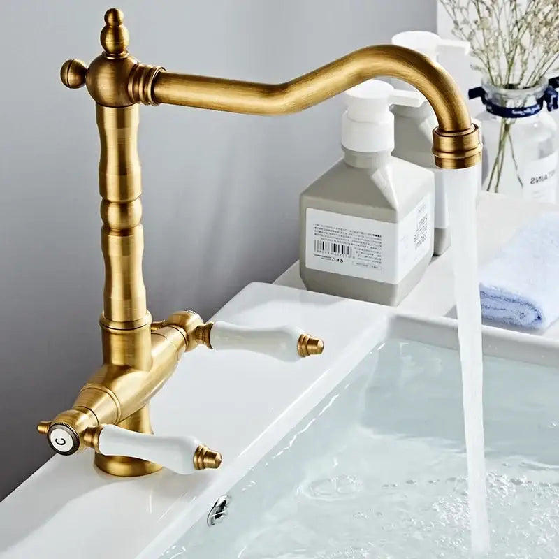DecorBites™ Antique Brass Kitchen Faucet with Dual Handles and 360° Rotation