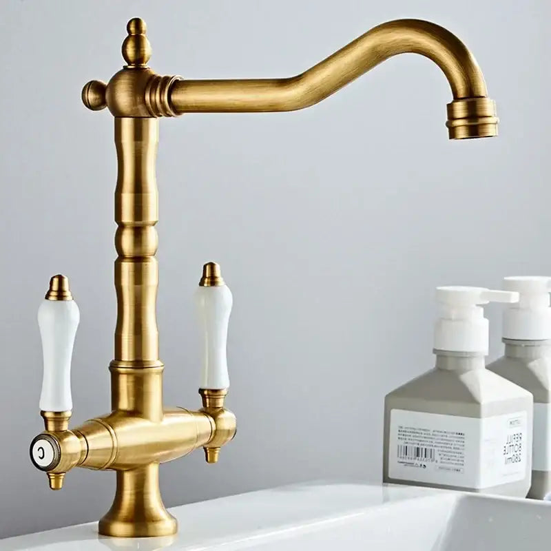 DecorBites™ Antique Brass Kitchen Faucet with Dual Handles and 360° Rotation