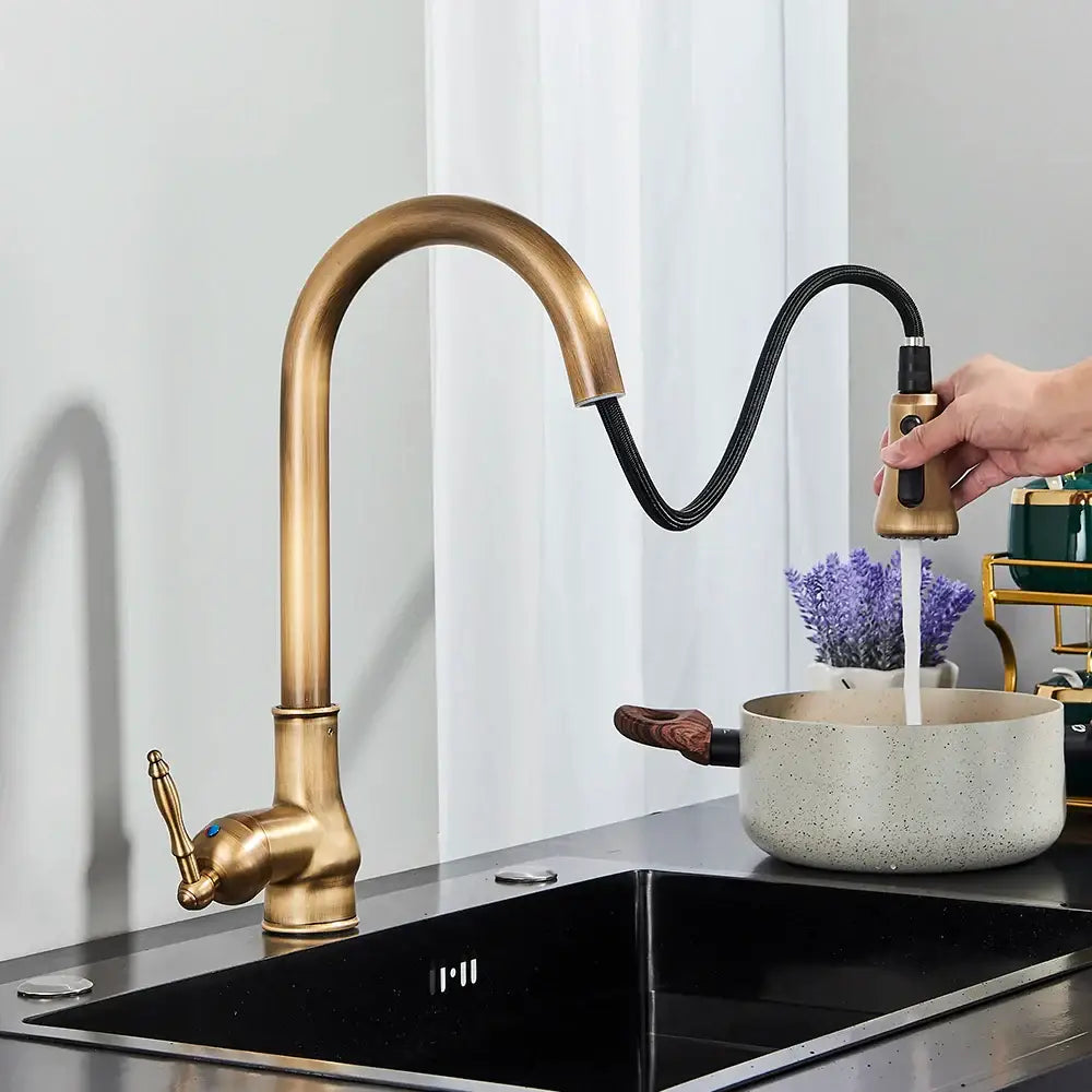 DecorBites™ Antique Brass Kitchen Faucet with Pull Down Spout and Single Handle