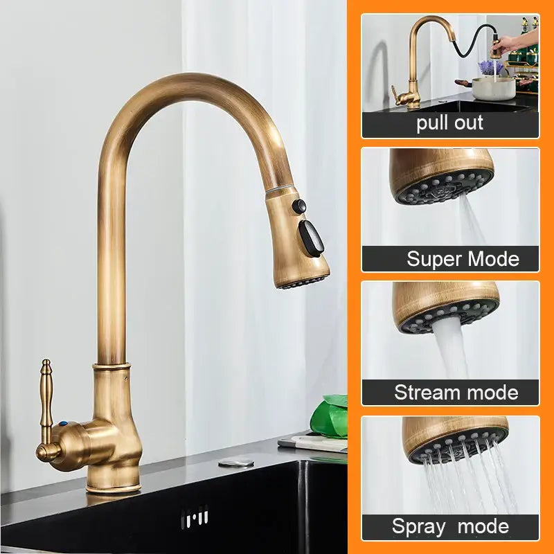 DecorBites™ Antique Brass Kitchen Sink Faucet with Pull Down Swivel Spout