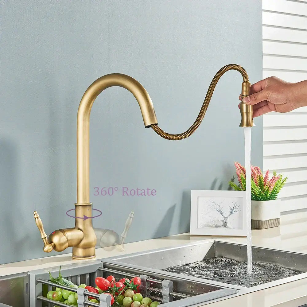 DecorBites™ Antique Brass Kitchen Sink Faucet with Pull Down Swivel Spout