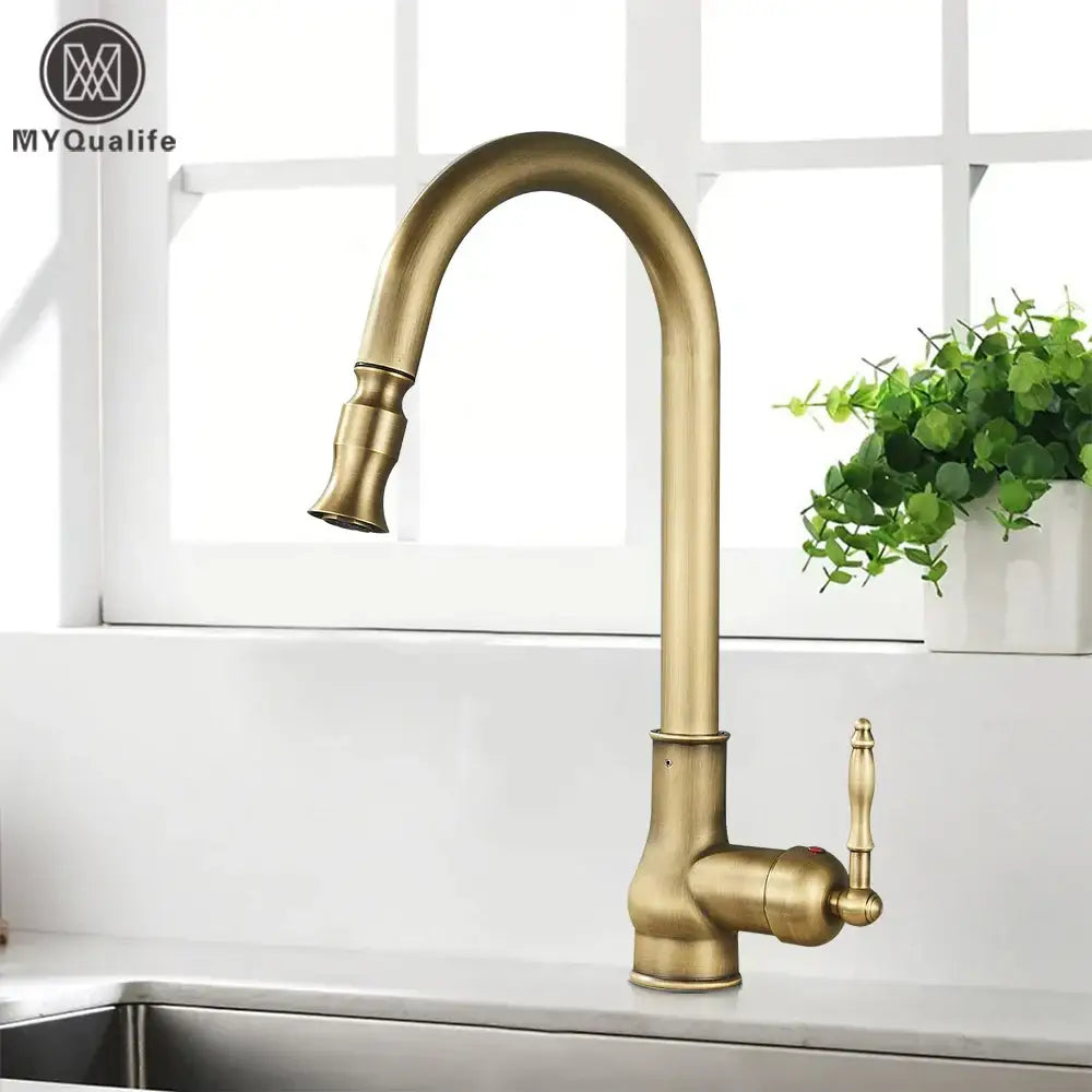 DecorBites™ Antique Brass Kitchen Sink Faucet with Pull Down Swivel Spout