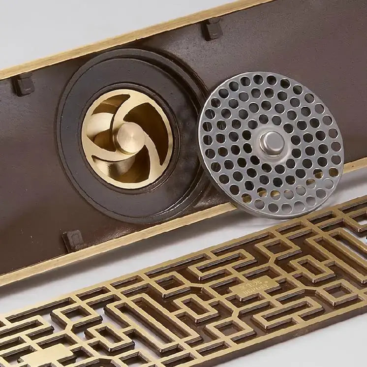 DecorBites™ Antique Brass Linear Shower Floor Drain with Art Carved Cover