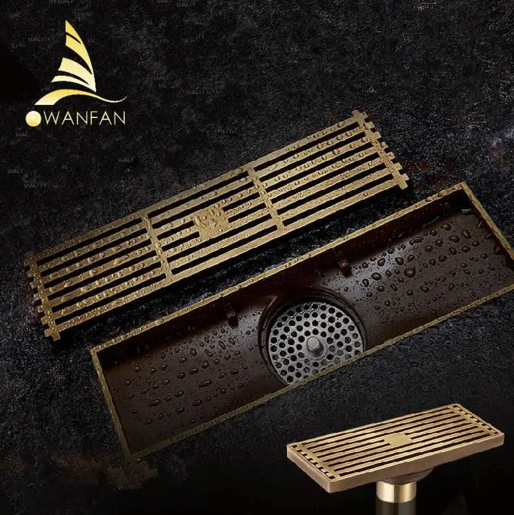 DecorBites™ Antique Brass Linear Shower Floor Drain with Art Carved Cover