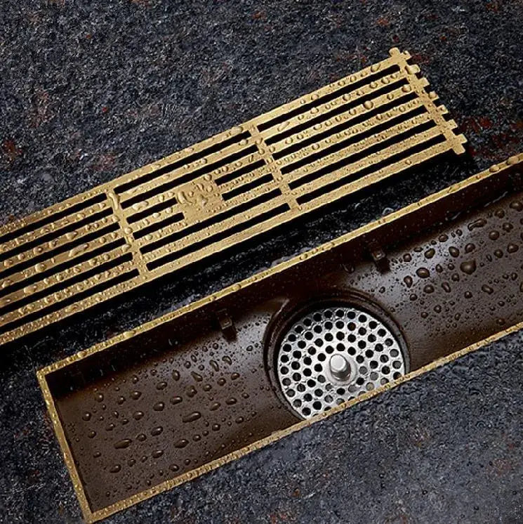 DecorBites™ Antique Brass Linear Shower Floor Drain with Art Carved Cover