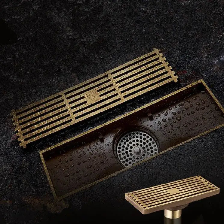 DecorBites™ Antique Brass Linear Shower Floor Drain with Art Carved Cover