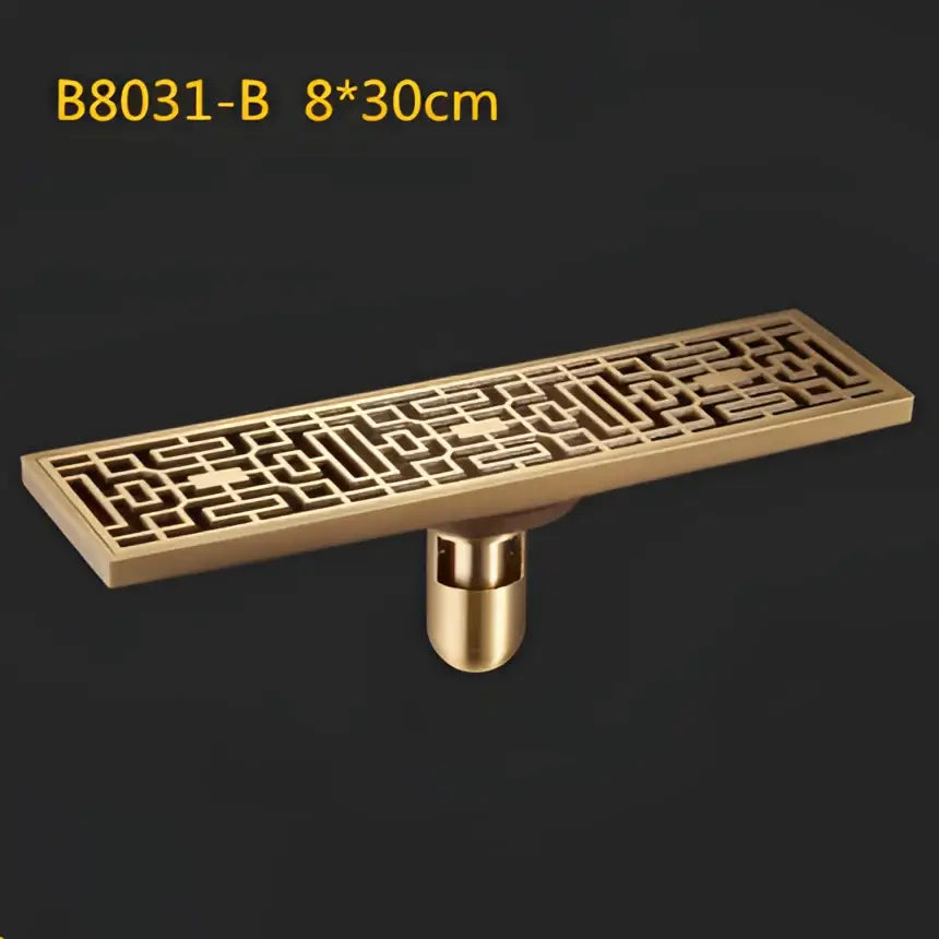 DecorBites™ Antique Brass Linear Shower Floor Drain with Art Carved Cover