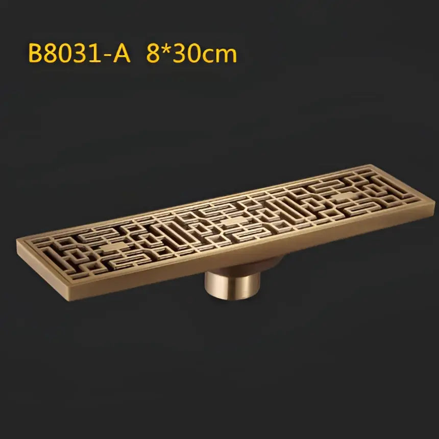 DecorBites™ Antique Brass Linear Shower Floor Drain with Art Carved Cover
