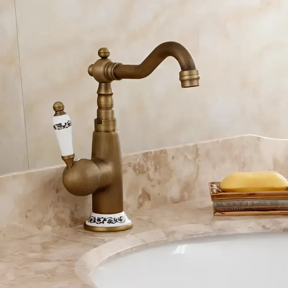 DecorBites™ Antique Brass Porcelain Basin Mixer Hot Cold Tap - 360 Degree Swivel Kitchen Faucet