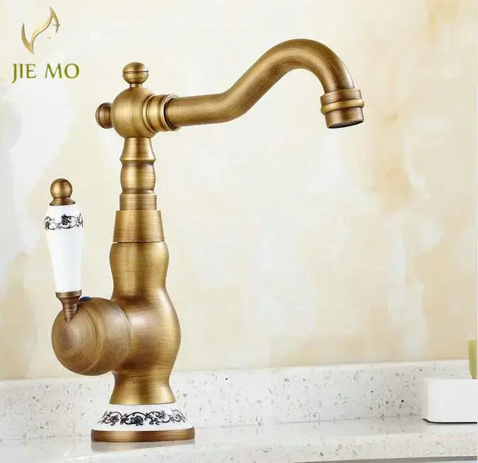DecorBites™ Antique Brass Porcelain Basin Mixer Hot Cold Tap - 360 Degree Swivel Kitchen Faucet