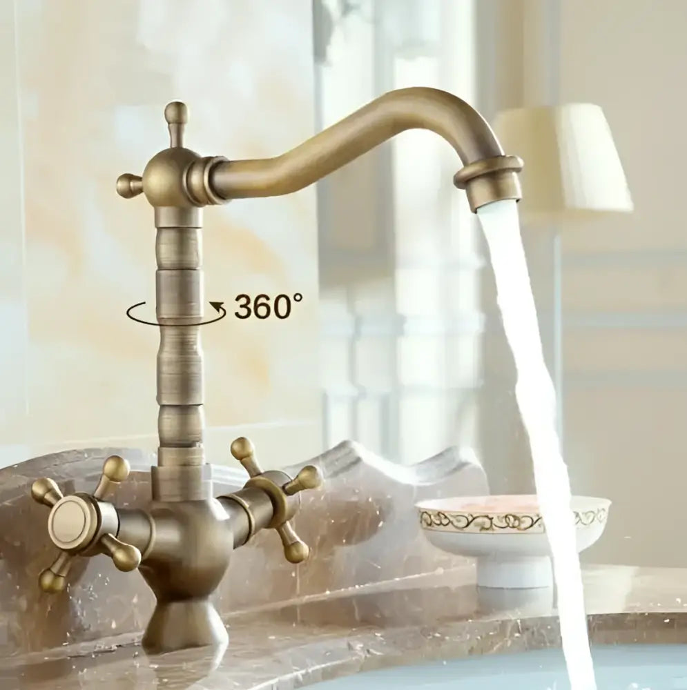 DecorBites™ Antique Brass Porcelain Basin Mixer Hot Cold Tap - 360 Degree Swivel Kitchen Faucet