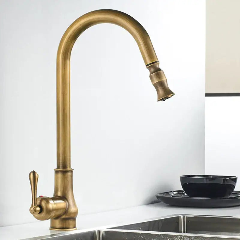 DecorBites™ Antique Brass Pull Out Kitchen Faucet with Stream Sprayer Head