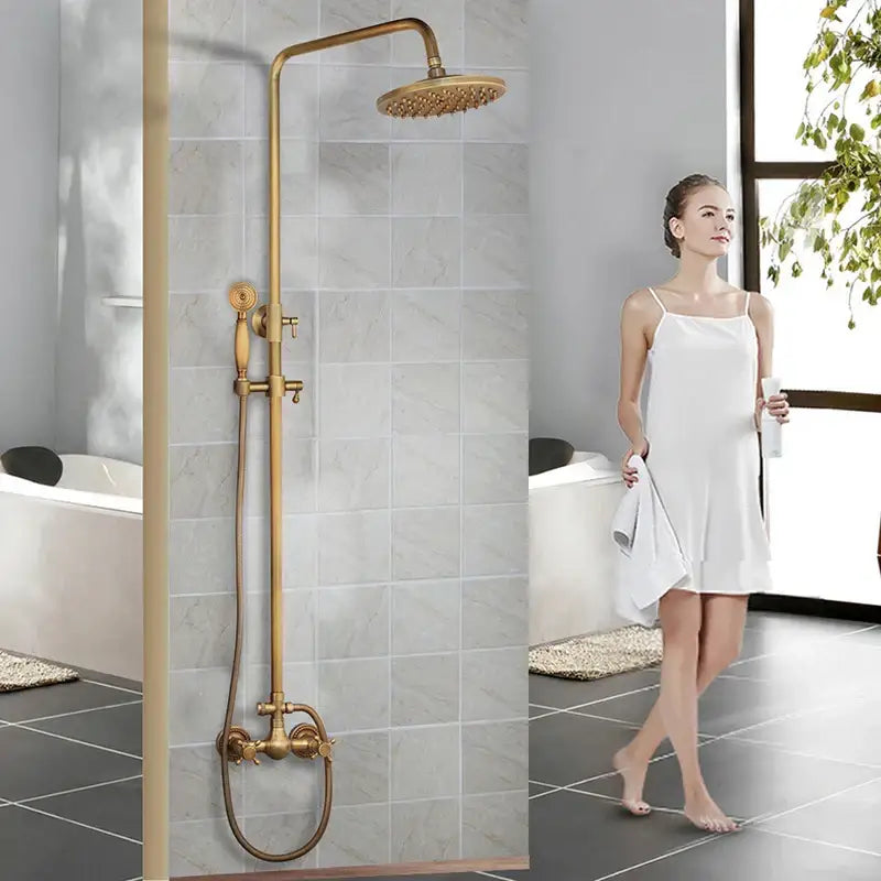 DecorBites™ Antique Brass Rainfall Shower Faucet Set with Handshower and Shelf