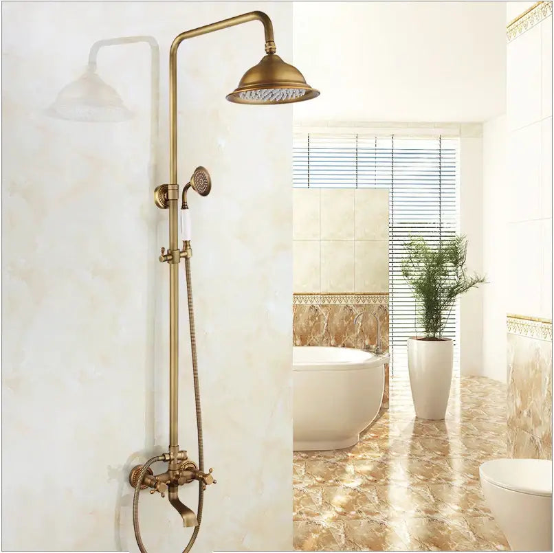 DecorBites™ Antique Brass Rainfall Shower Faucet Set with Handshower and Shelf