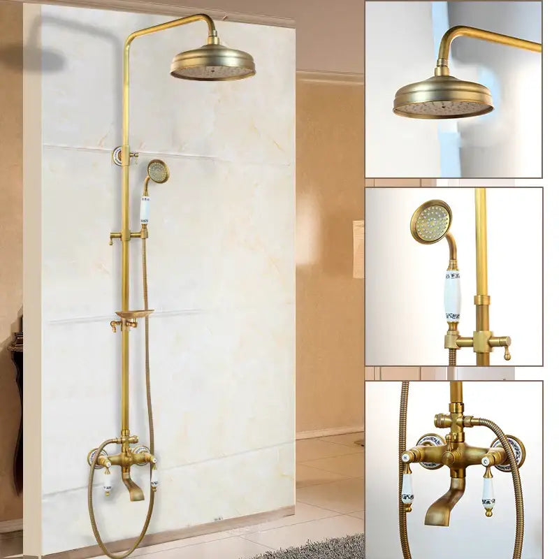 DecorBites™ Antique Brass Rainfall Shower Faucet Set with Handshower and Shelf