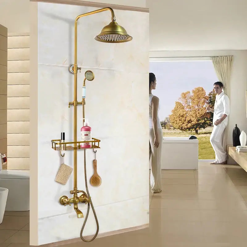 DecorBites™ Antique Brass Rainfall Shower Faucet Set with Handshower and Shelf