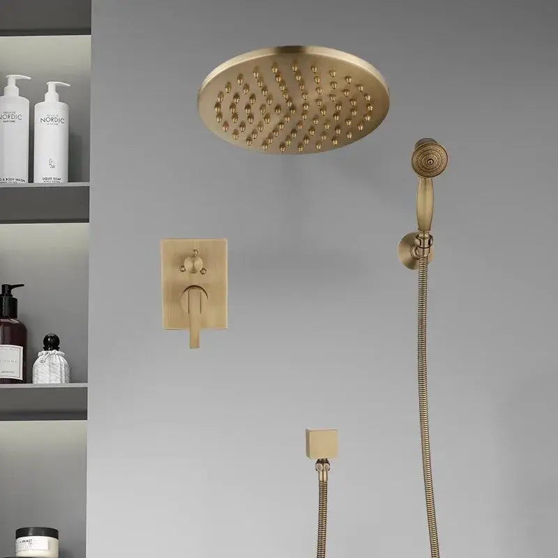مجموعة خلاط دش نحاسي عتيق DecorBites™ برأس دائري 10 بوصة - طقم حمام مثبت على الحائط