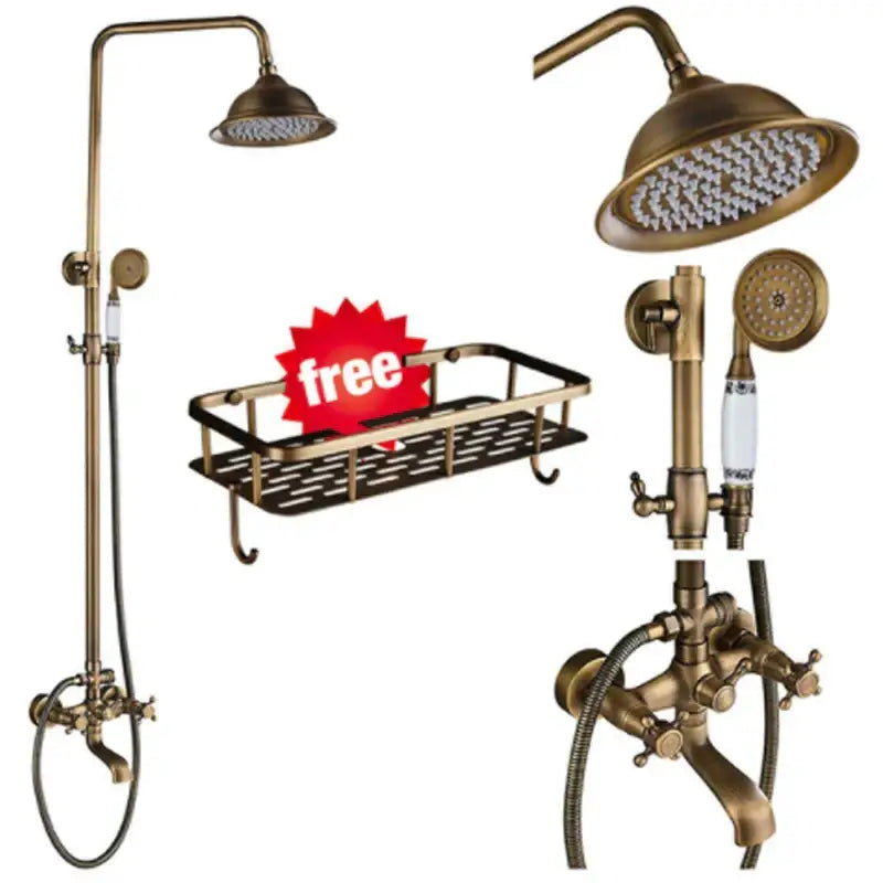 DecorBites™ Antique Brass Shower Faucet Set with 8'' Rainfall Head & Swivel Spray