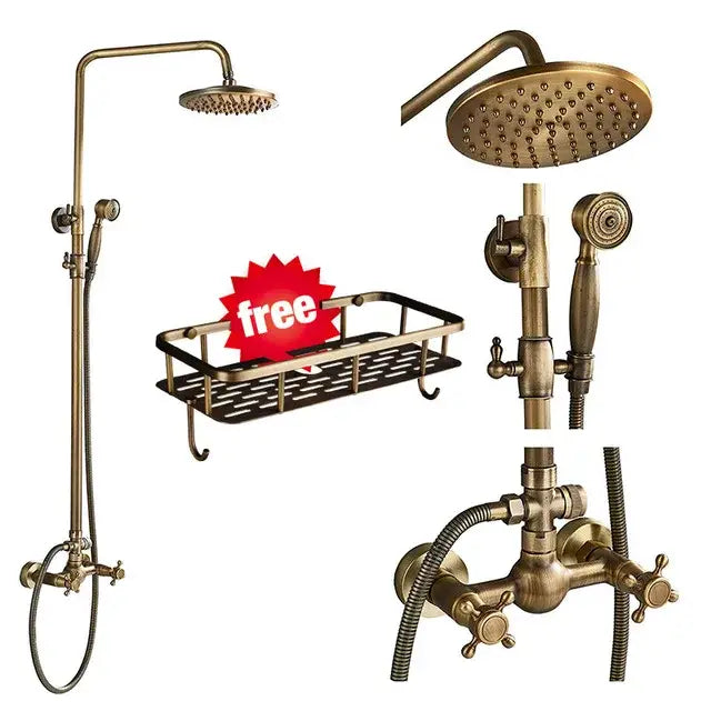DecorBites™ Antique Brass Shower Faucet Set with 8'' Rainfall Head & Swivel Spray
