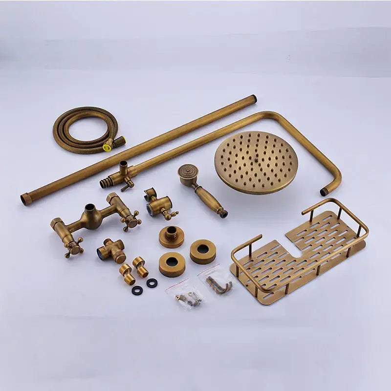 DecorBites™ Antique Brass Shower Faucet Set with 8'' Rainfall Head & Swivel Spray