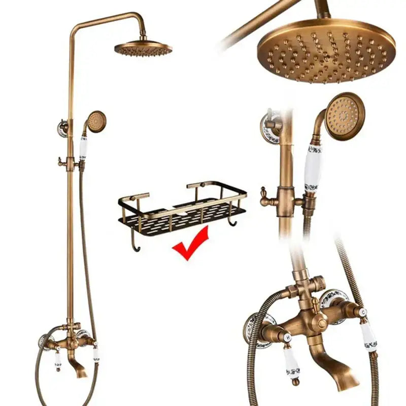 DecorBites™ Antique Brass Shower Faucet Set with 8'' Rainfall Head & Swivel Spray