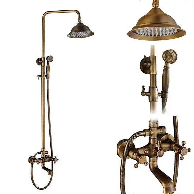 DecorBites™ Antique Brass Shower Faucet Set with 8'' Rainfall Head & Swivel Spray