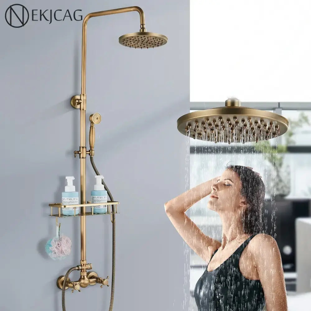 DecorBites™ Antique Brass Shower Faucet Set with 8'' Rainfall Head & Swivel Spray