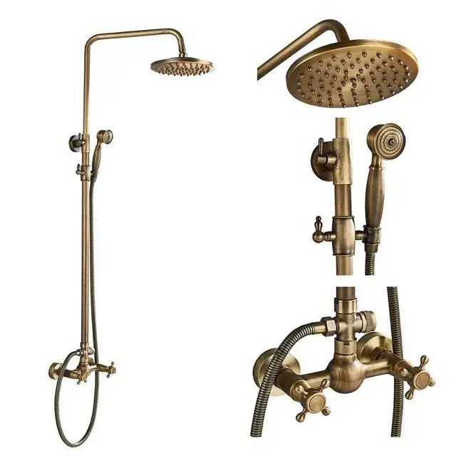 DecorBites™ Antique Brass Shower Faucet Set with 8'' Rainfall Head & Swivel Spray