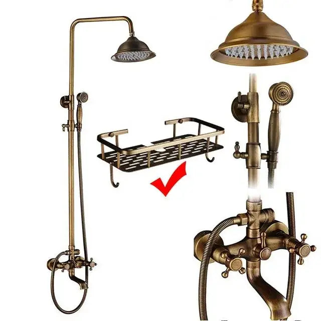DecorBites™ Antique Brass Shower Faucet Set with 8'' Rainfall Head & Swivel Spray