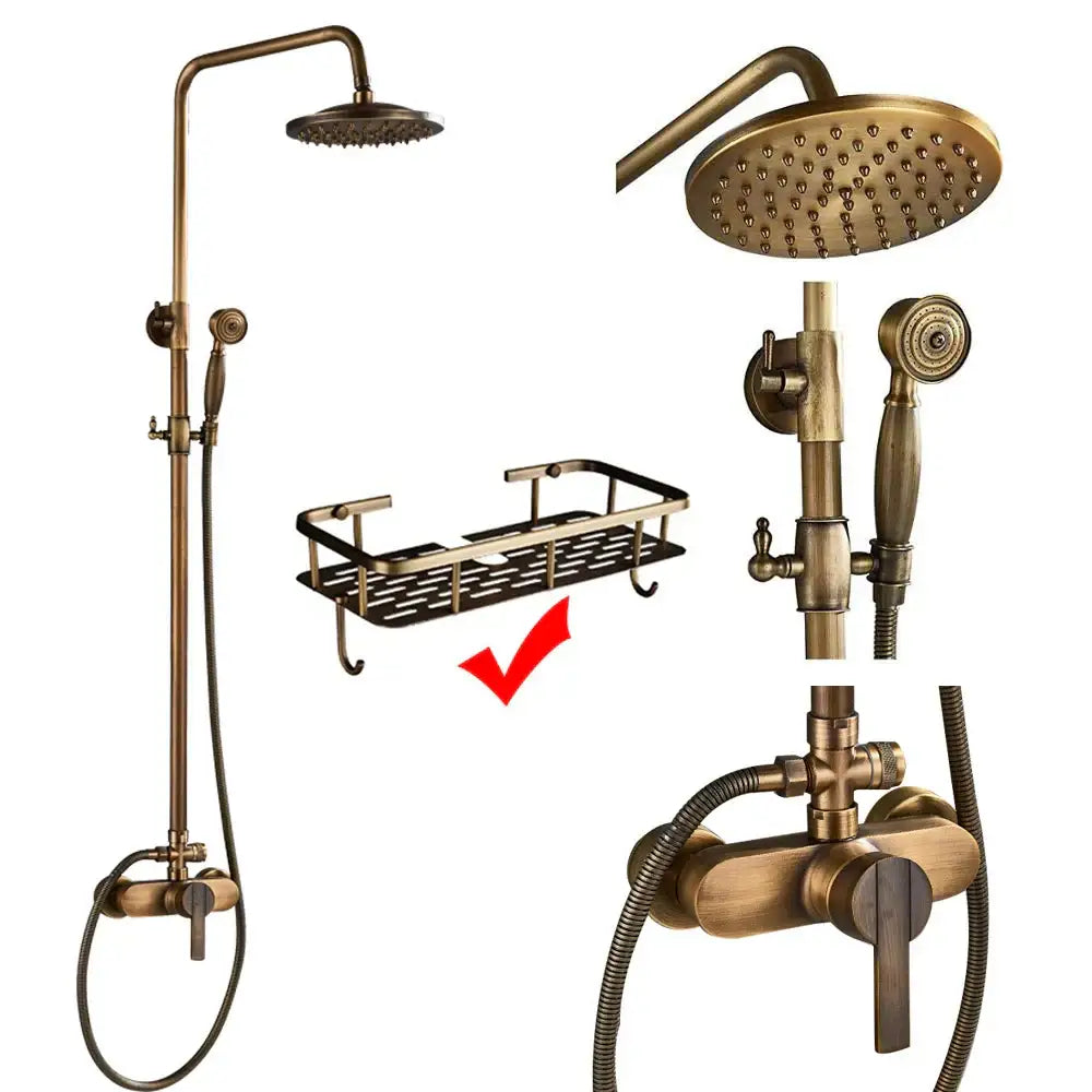 DecorBites™ Antique Brass Shower Faucet Set with 8'' Rainfall Head & Swivel Spray