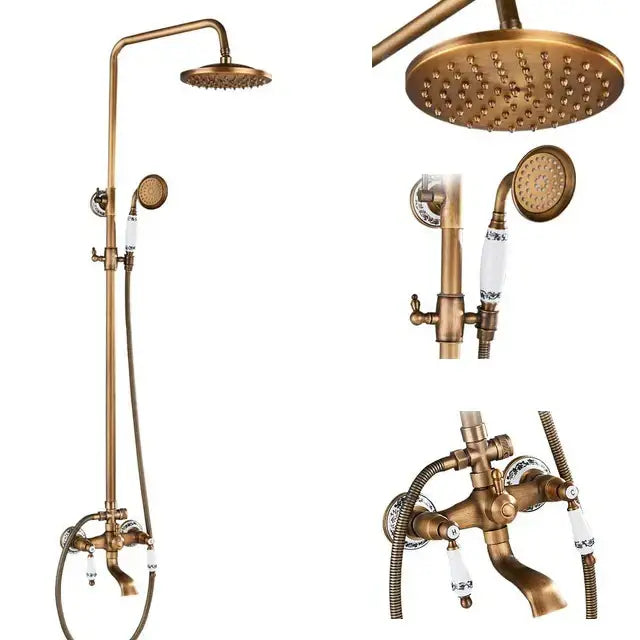 DecorBites™ Antique Brass Shower Faucet Set with 8'' Rainfall Head & Swivel Spray