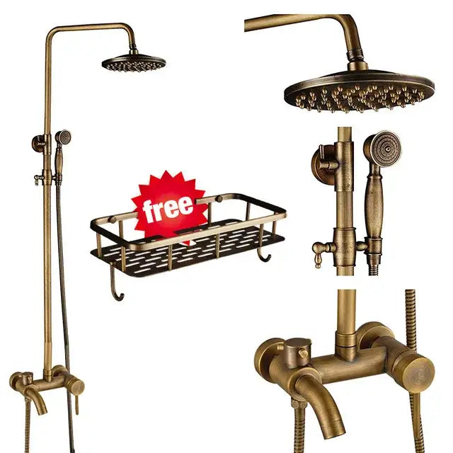 DecorBites™ Antique Brass Shower Faucet Set with 8'' Rainfall Head & Swivel Spray