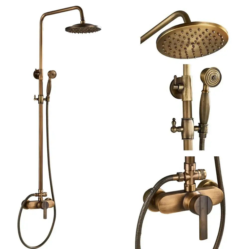 DecorBites™ Antique Brass Shower Faucet Set with 8'' Rainfall Head & Swivel Spray