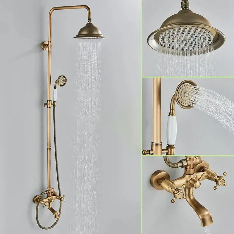 DecorBites™ Antique Brass Shower Faucet Set with 8'' Rainfall Head & Swivel Spray