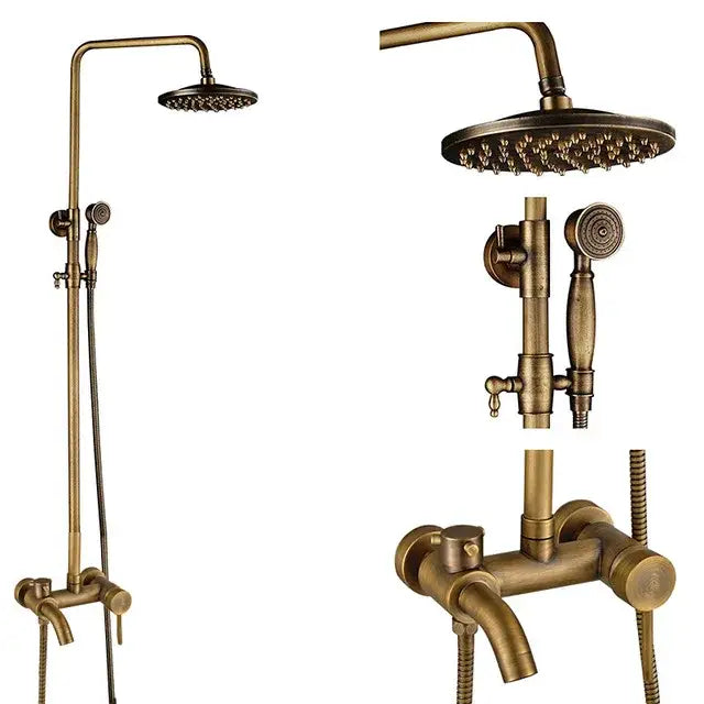 DecorBites™ Antique Brass Shower Faucet Set with 8'' Rainfall Head & Swivel Spray