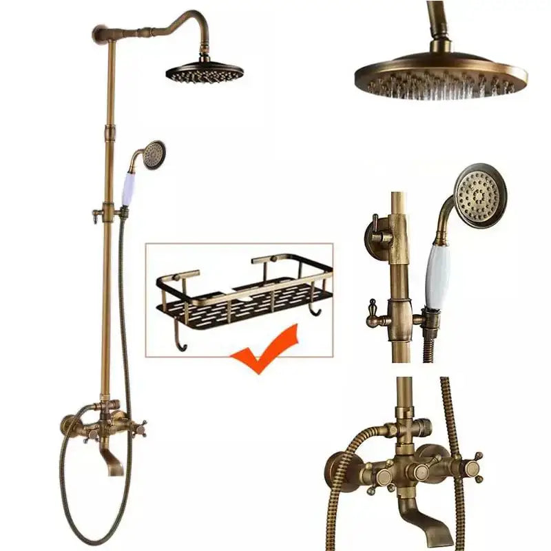 DecorBites™ Antique Brass Shower Faucet Set with Handheld Shower- 8" Rainfall Head