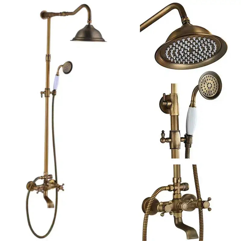 DecorBites™ Antique Brass Shower Faucet Set with Handheld Shower- 8" Rainfall Head