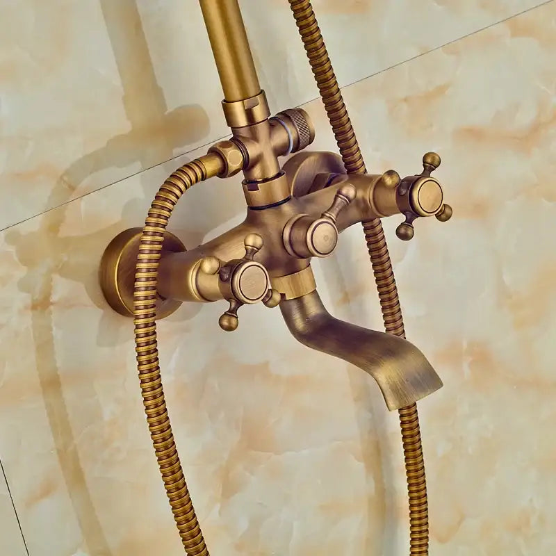 DecorBites™ Antique Brass Shower Faucet Set with Handheld Shower- 8" Rainfall Head