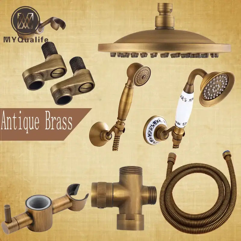 DecorBites™ Antique Brass Shower Faucet Set with Rain Head, Hand Shower, Hose & Valve