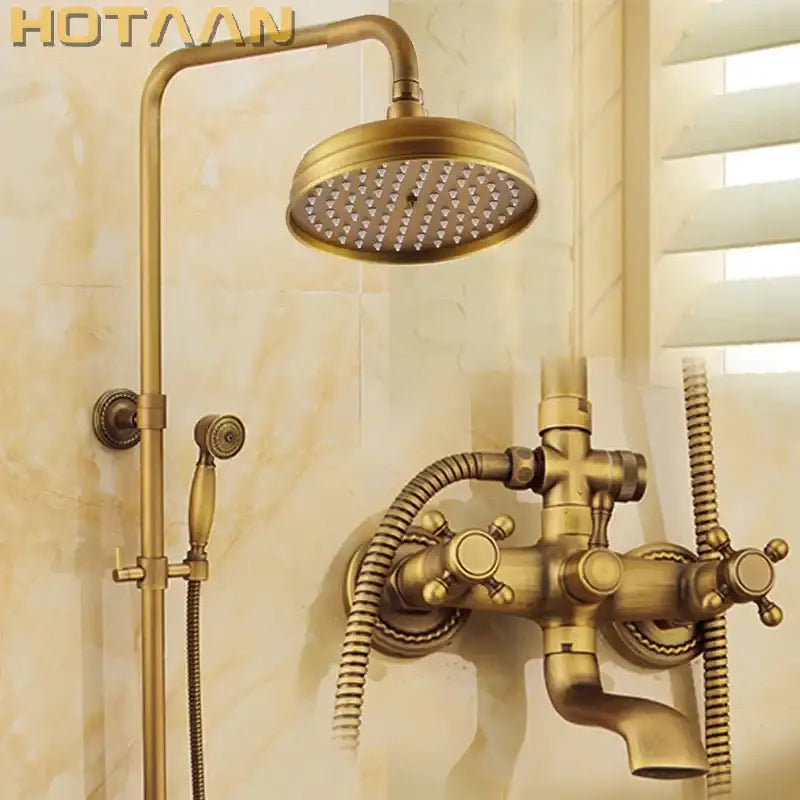 DecorBites™ Antique Brass Shower Faucet Set with Rainfall Shower Head and Hand Shower