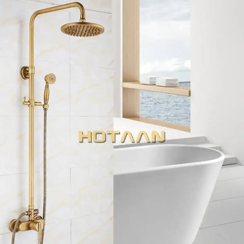 DecorBites™ Antique Brass Shower Faucet Set with Rainfall Mixer Valve, 8" Head, Hand Shower