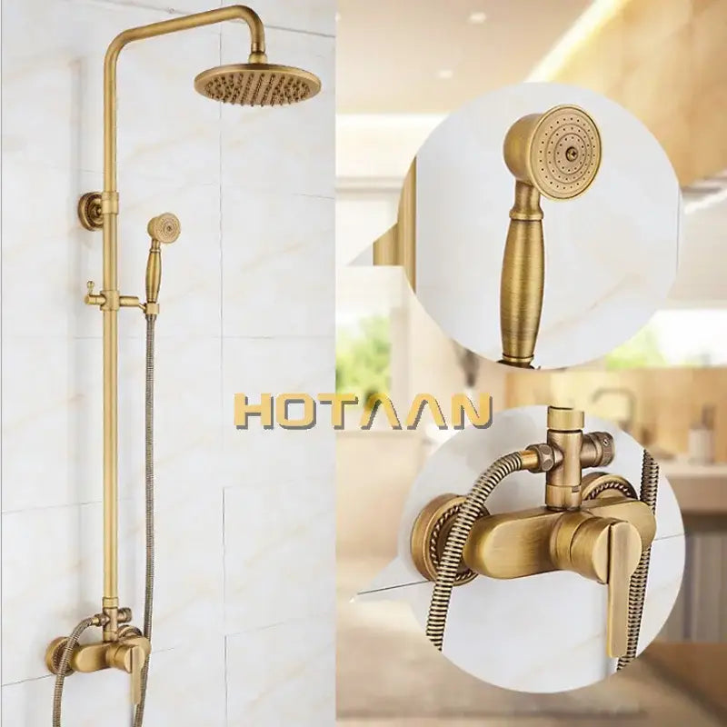 DecorBites™ Antique Brass Shower Faucet Set with Rainfall Mixer Valve, 8" Head, Hand Shower