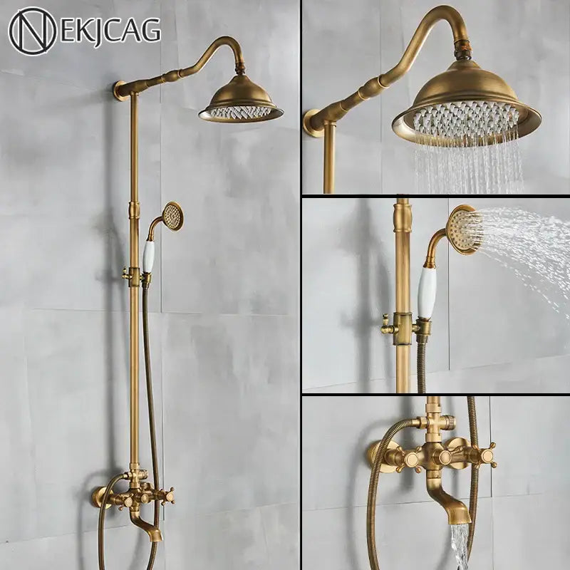 DecorBites™ Antique Brass Shower Faucet with Ceramics Hand Spray and 8'' Rainfall Head