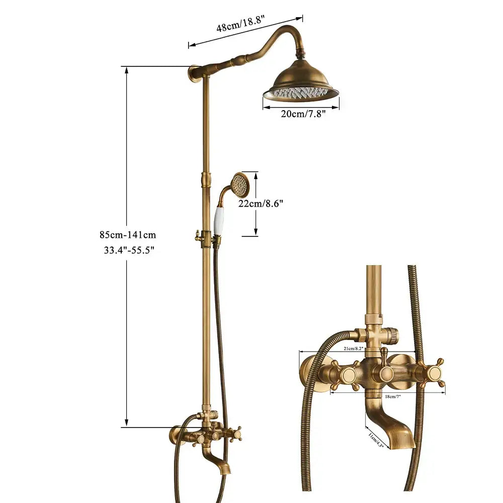 DecorBites™ Antique Brass Shower Faucet with Ceramics Hand Spray and 8'' Rainfall Head