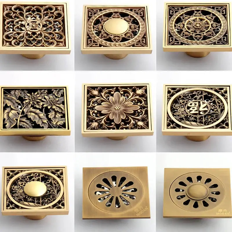 DecorBites™ Antique Brass Shower Floor Drain 10cm Square Waste Strainer Cover Grate