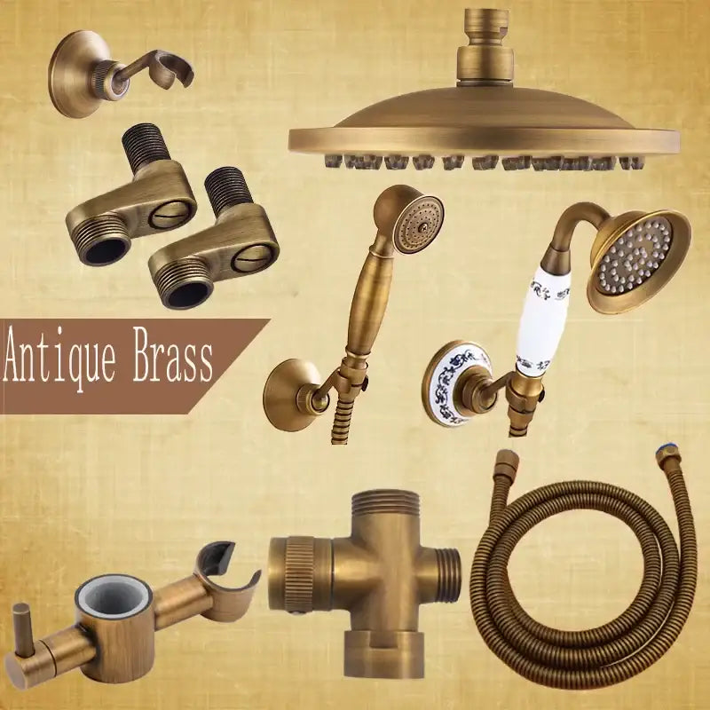 DecorBites™ Antique Brass Shower Set: 8" Rain Head, Hand Shower, Hose, Angle Valve, Bracket