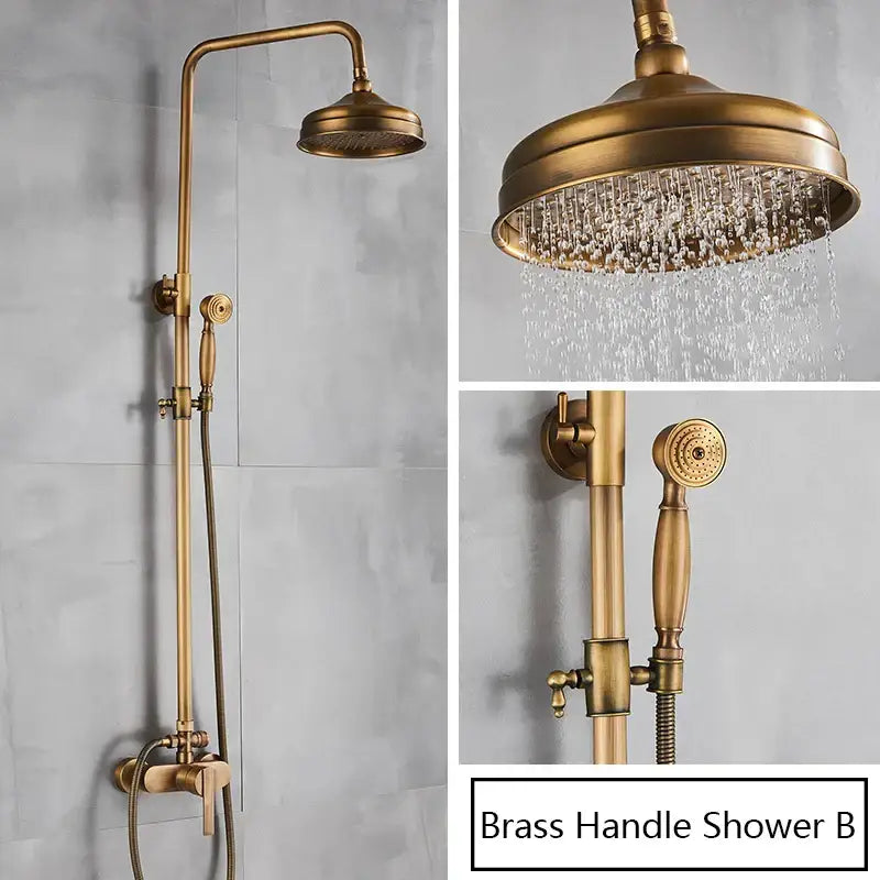 DecorBites™ Antique Brass Shower Set Single Handle Wall Mount Rainfall Mixer Faucet