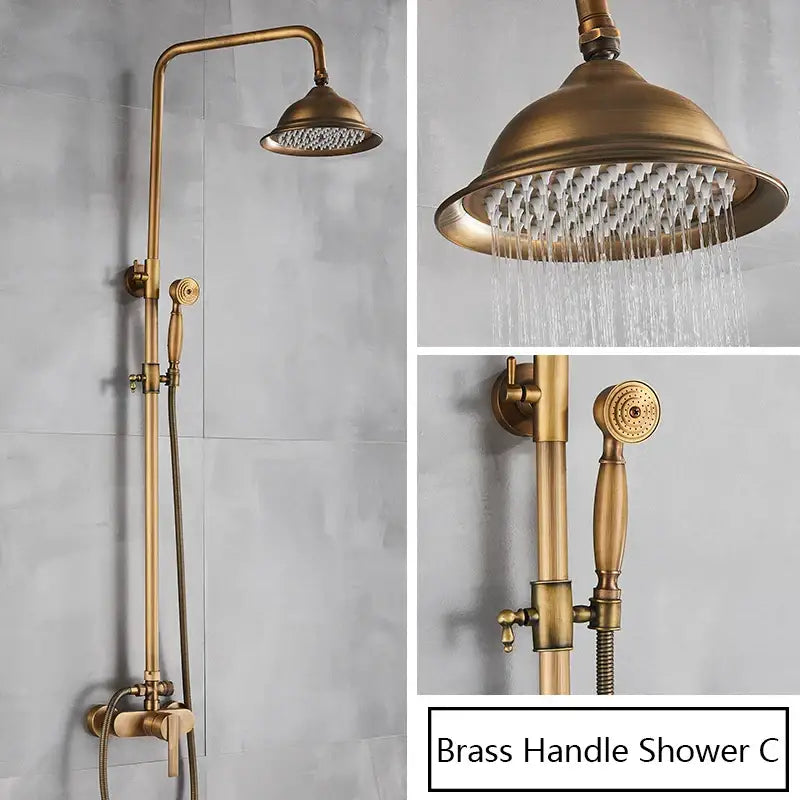 DecorBites™ Antique Brass Shower Set Single Handle Wall Mount Rainfall Mixer Faucet