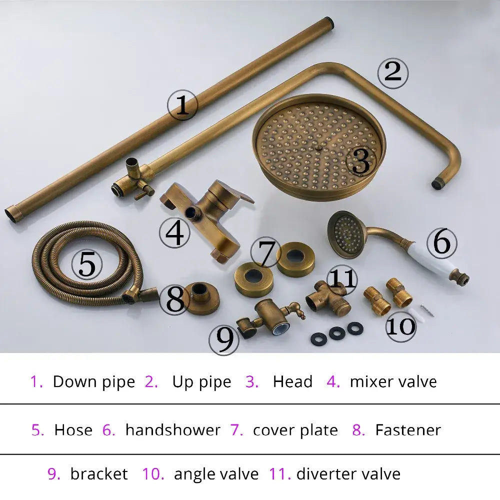 DecorBites™ Antique Brass Shower Set Single Handle Wall Mount Rainfall Mixer Faucet